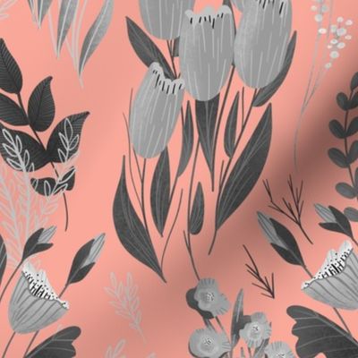 Summer Flower - Medium - Black and Grey on Pink