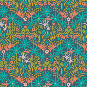 Jardin Abstract Tropical Botanical Floral Damask in Retro Turquoise Orange Yellow Green Blue - SMALL Scale - UnBlink Studio by Jackie Tahara