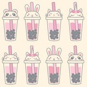 Pink Kawaii Bubble Tea Animals on Cream