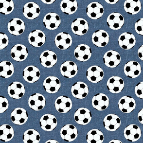 Soccer Balls on Blue Linen - small scale 