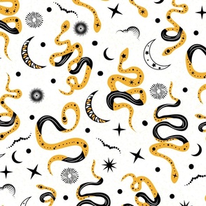 Magical Snake Galaxy- Bohemian Mystical Snakes- Black Gold on White- Large Scale