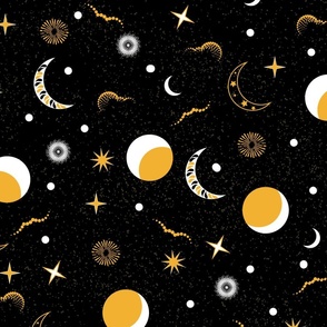 Mystical Galaxy- Sun Moon Stars- Black and Gold- Large Scale