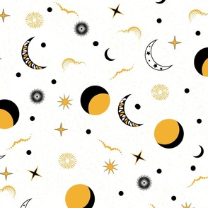 Mystical Galaxy- Sun Moon Stars- Black and White- Large Scale