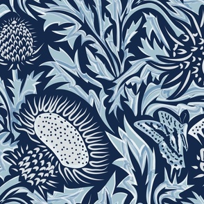 Regal Thistle- Dancing Weeds- Navy Sky Blue- Large Scale 