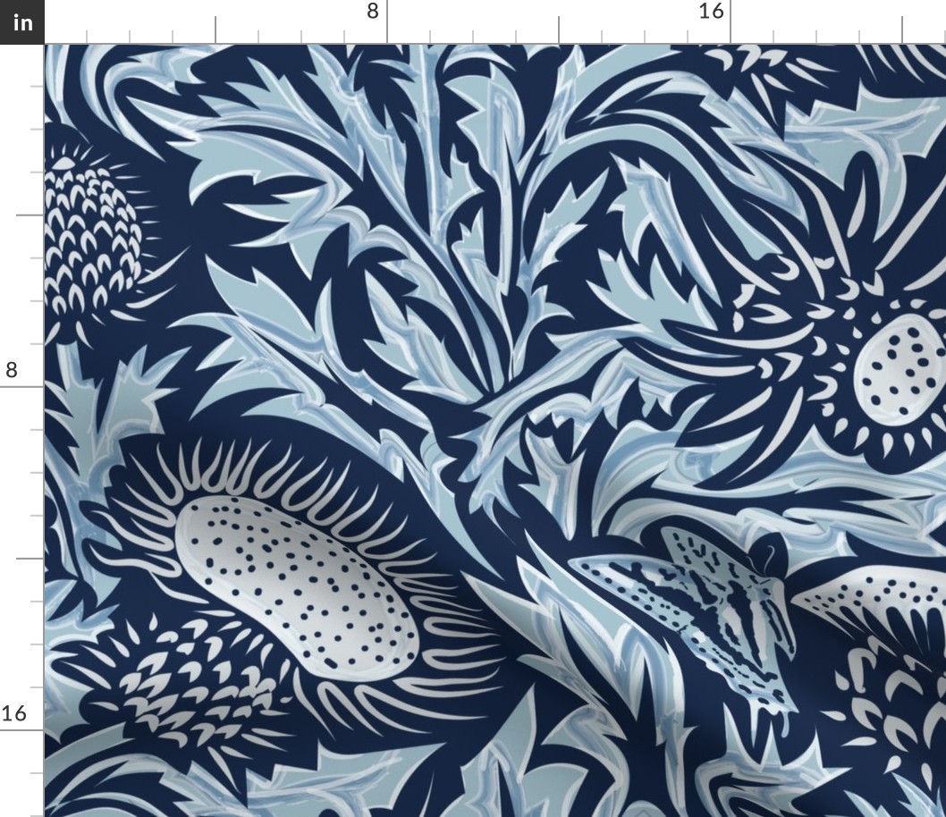 Regal Thistle- Dancing Weeds- Navy Sky Blue- Large Scale 