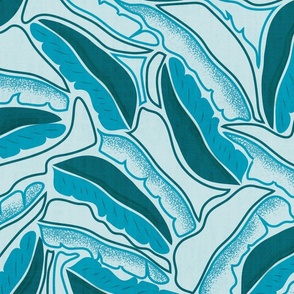 Monochrome Banana Leaves- Cerulean Blue- Tropical Paper cut Puzzle- Large Scale