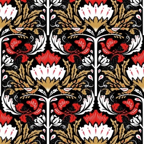 Luxe Maxima- Folk Garden- Black White Red Gold- Large Scale