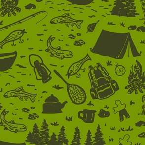 Lake Adventure- Camping, Fishing, the Best Social Distancing- Avocado Olive Green- Doodle Sketch- Large Scale