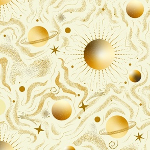 Solaris- Space Beyond Sun Moon Stars Planets- Gold on Beige- Large Scale