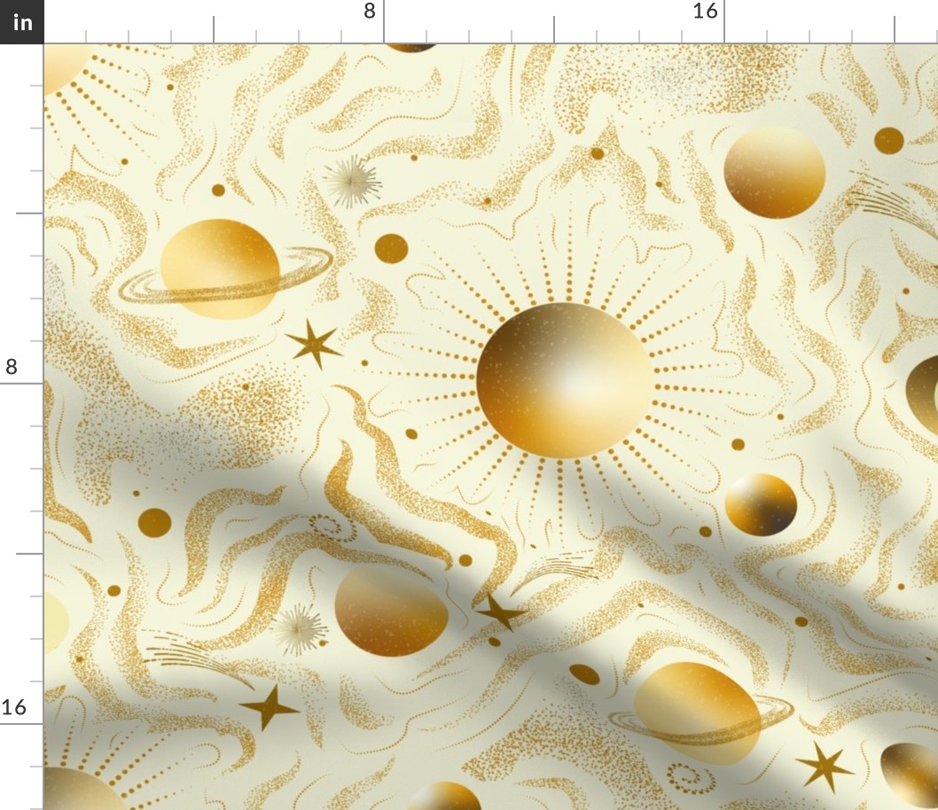 Solaris- Space Beyond Sun Moon Stars Planets- Gold on Beige- Large Scale