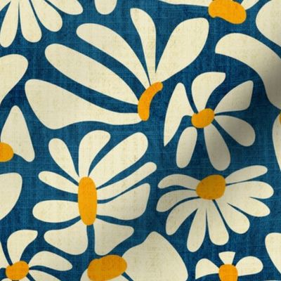 Retro Whimsy Daisy- Flower Power on Blue- Eggshell Floral- Regular Scale
