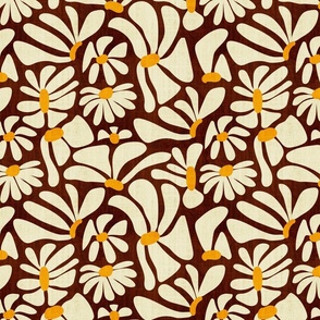 Retro Whimsy Daisy- Flower Power on Brown- Eggshell Floral- Regular Scale