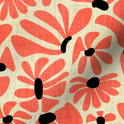 Retro Whimsy Daisy- Flower Power on Eggshell - Coral Floral- Regular Scale
