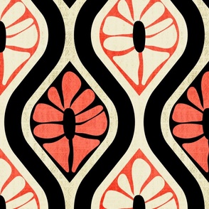 Retro Whimsy Daisy- Flower Power Ogee - Coral Eggshell Black Floral- Large Scale