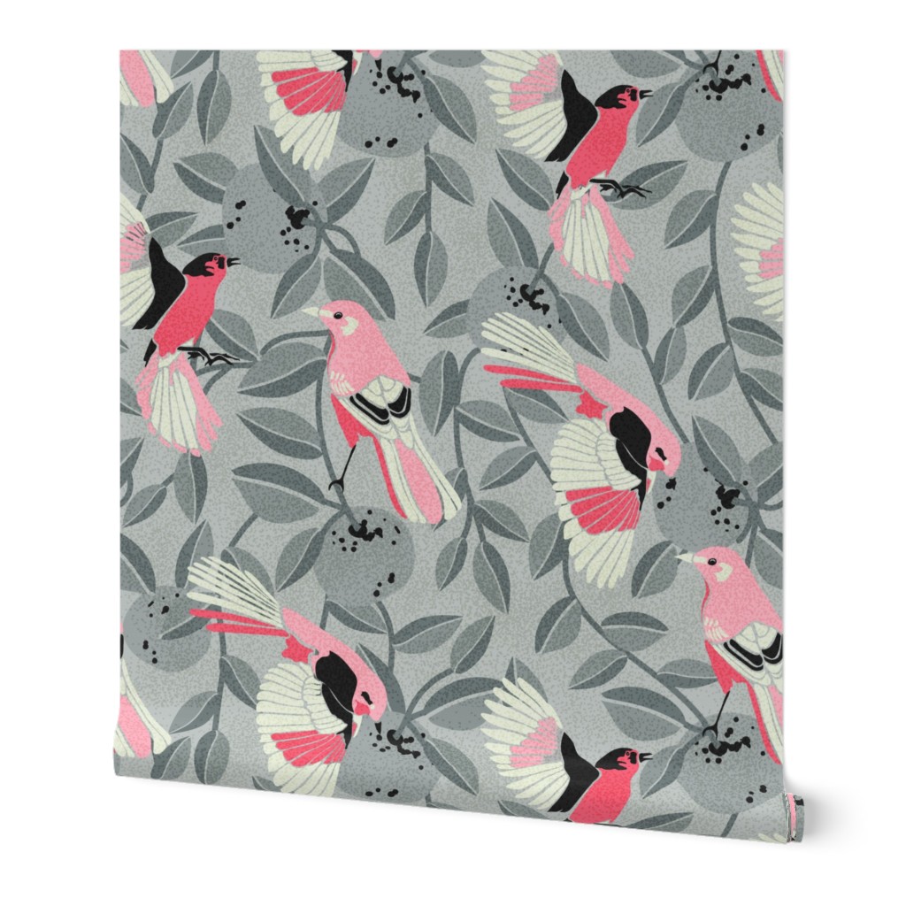 Bird Song- Mockingbird and Oranges- Pink Ash Gray- Large Scale