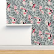 Bird Song- Mockingbird and Oranges- Pink Ash Gray- Large Scale
