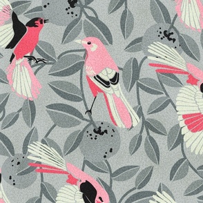 Bird Song- Mockingbird and Oranges- Pink Ash Gray- Large Scale