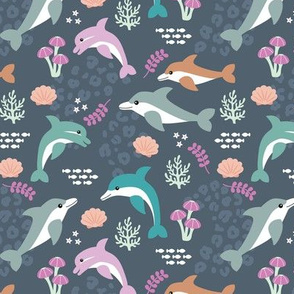Under water world and sea life dolphins coral reef and fish gray lilac caramel girls