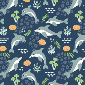 Under water world and sea life dolphins coral reef and fish navy blue green gray