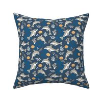 Under water world and sea life dolphins coral reef and fish navy bluegray boys