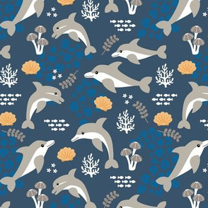 Under water world and sea life dolphins coral reef and fish navy bluegray boys