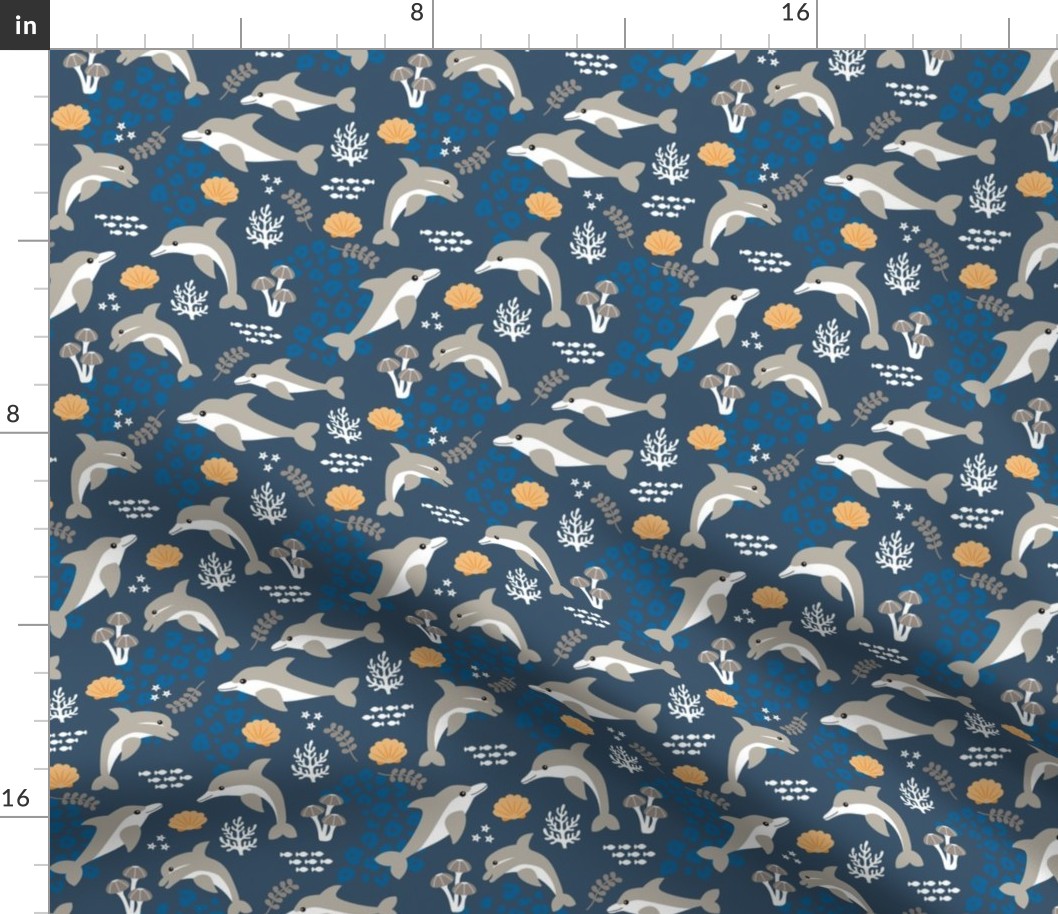 Under water world and sea life dolphins coral reef and fish navy bluegray boys