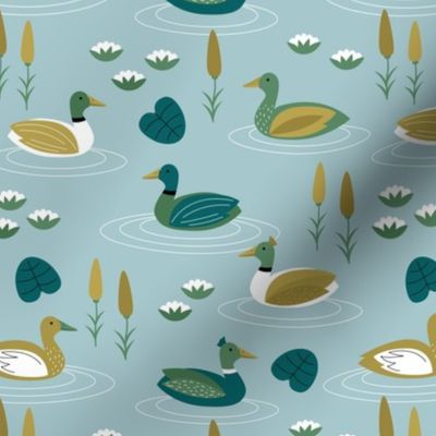 Little ducks swimming in a pond with lilies and riet spring animals minty blue green