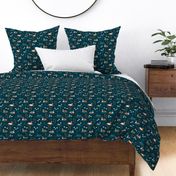 Little ducks swimming in a pond with lilies and riet spring animals minty blue green navy night