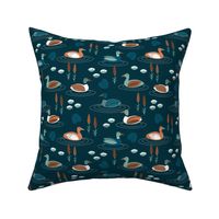 Little ducks swimming in a pond with lilies and riet spring animals minty blue green navy night