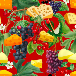 Cheese,fruits,vine leaves,cherries,grapes pattern 