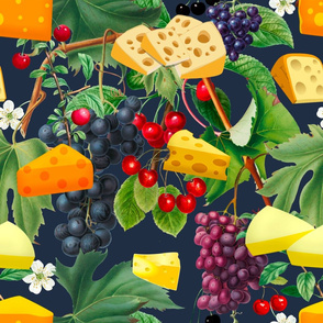 Cheese,fruits,vine leaves,cherries,grapes pattern 
