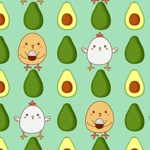 Chickens chicks and avocados on avocado green  chocken