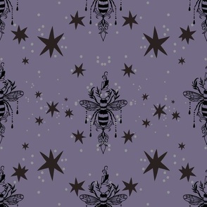 Dark contemporary purple damask hand drawn bees and stars at dusk