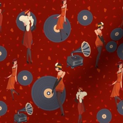Retro Women  on red / vintage fashion and records