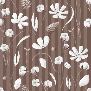 Rustic modern floral stripe with dots on brown