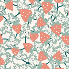 Strawberry Patch- Salmon Coral Jade on Seashell White- Large Scale