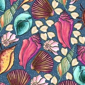 Seashells, pink and turquoise on a dark turquoise background, Large size