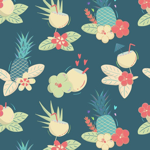 hawaii, holday, blue, pineapple, coconut, flower, floral, botanical, hibiscus