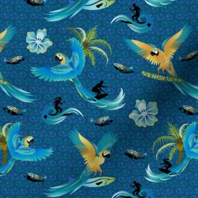 PP21140_Nash Surfing Parrot Paradise Fish Octopus Ocean Dark Blue Hidden Hawaiian Seaml