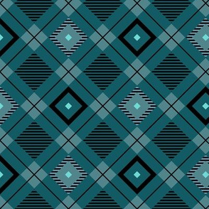 Tartan, Middle diagonal with horizontal stripes,  dark turquoise squares