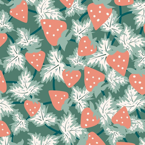 Strawberry Patch- Salmon Coral Jade on Green Cyan- Large Scale