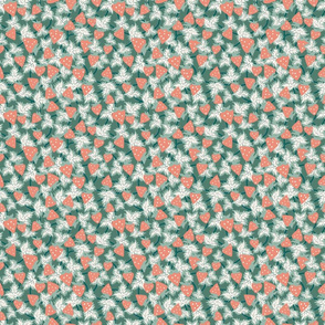 Strawberry Patch- Salmon Coral Jade on Green Cyan- Small Scale
