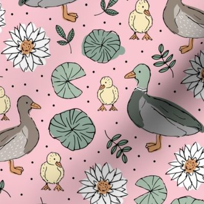 Little duck family romantic english garden with pond leaves and water lilies pink mint gray girls