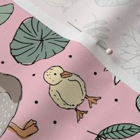 Little duck family romantic english garden with pond leaves and water lilies pink mint gray girls