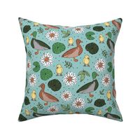 Little duck family romantic english garden with pond leaves and water lilies mint teal green