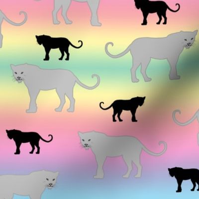Prancing Panthers - black and grey on rainbow, medium 