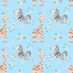 Smaller Giraffes and Zebras on Blue