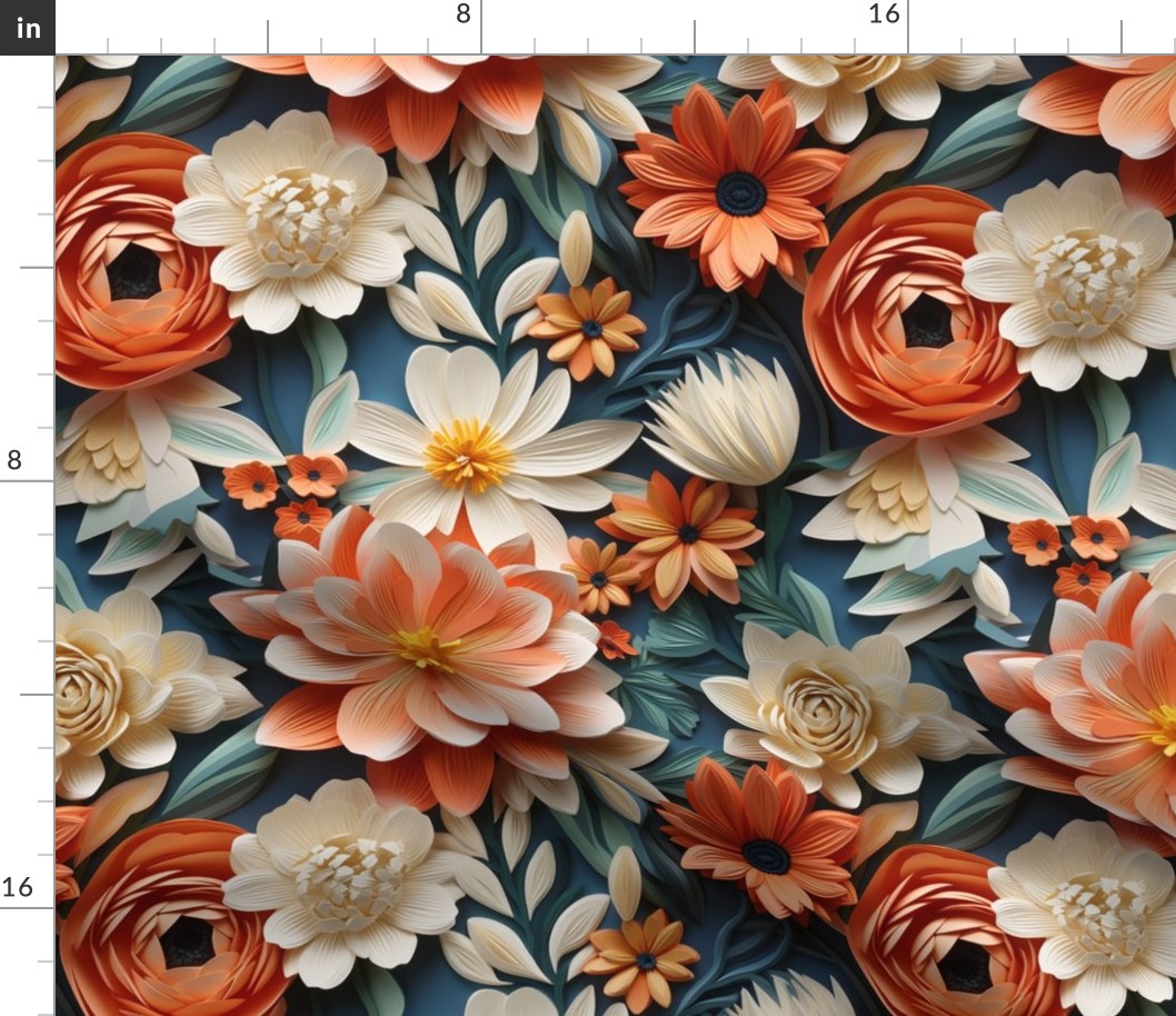 Large 3D Fall Floral in Peach Turquoise Ivory