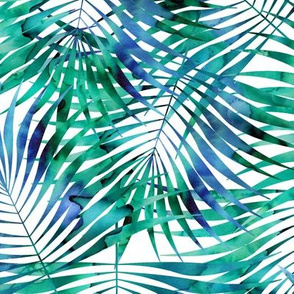 Watercolor tropical fern in green and blue on white background Large scale
