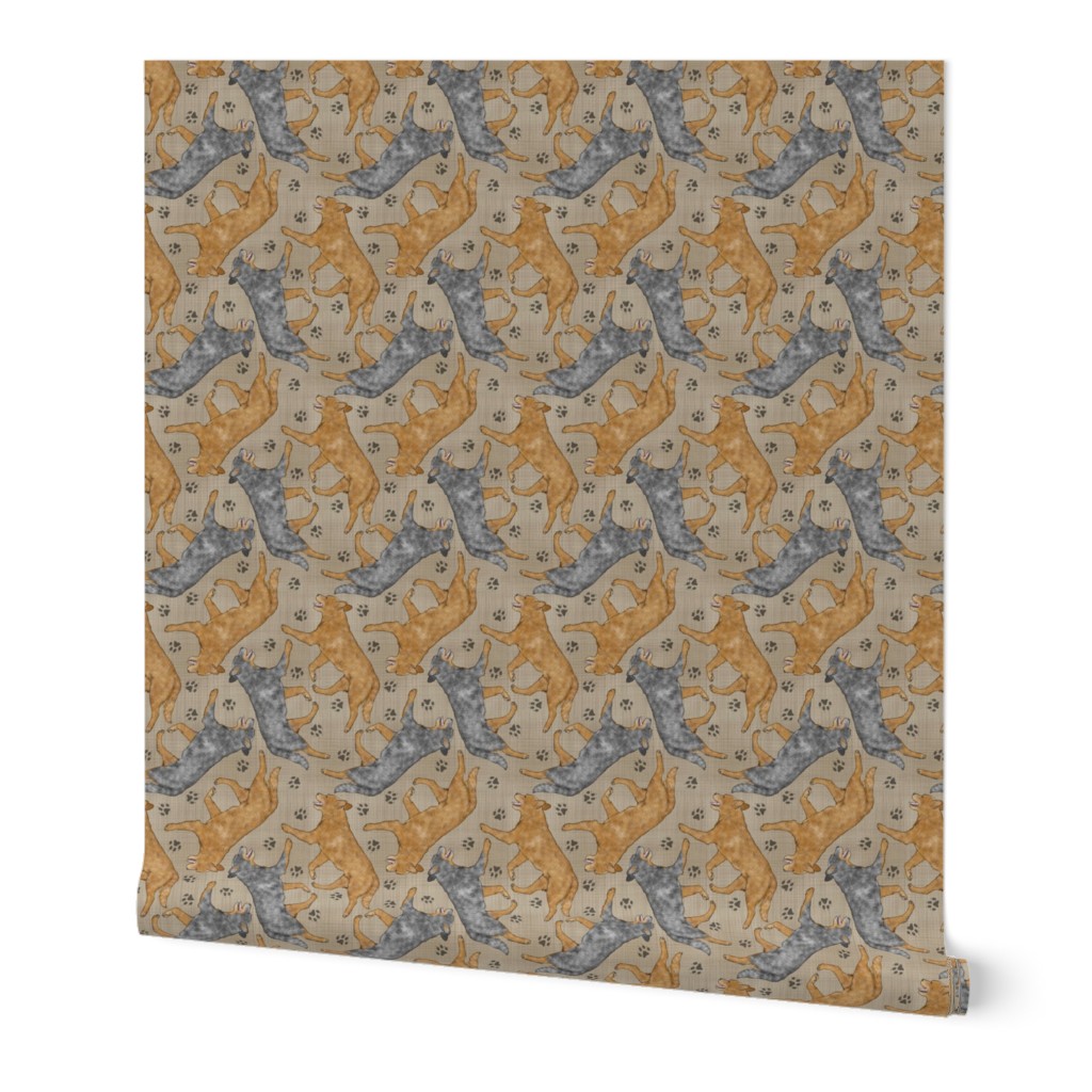 Trotting Australian Cattle Dogs and paw prints - faux linen